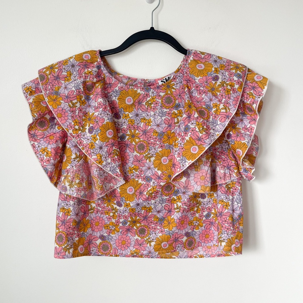 Sur La Vague Retro Floral Ruffle Flutter Sleeve Crop Top Women Small Pink Orange
